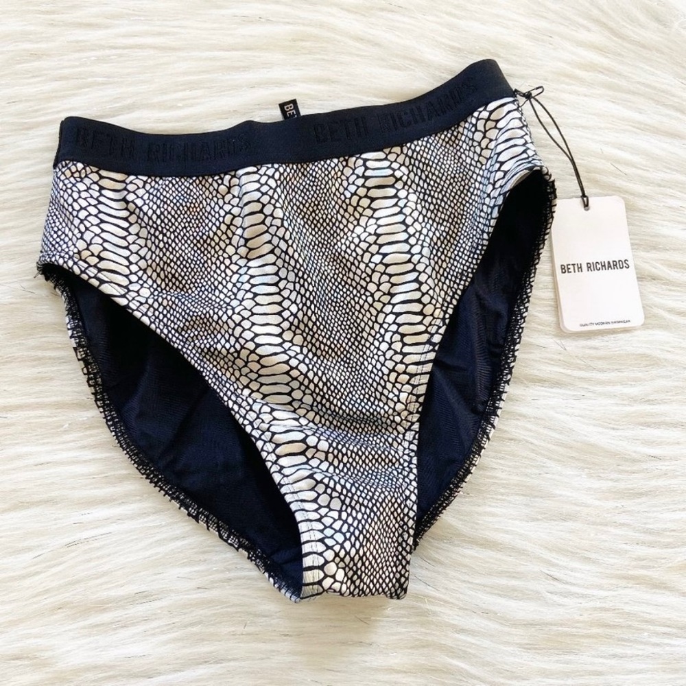 Beth Richards Kim Snakeskin Metallic Bikini Bottom Silver Black Size M NWT